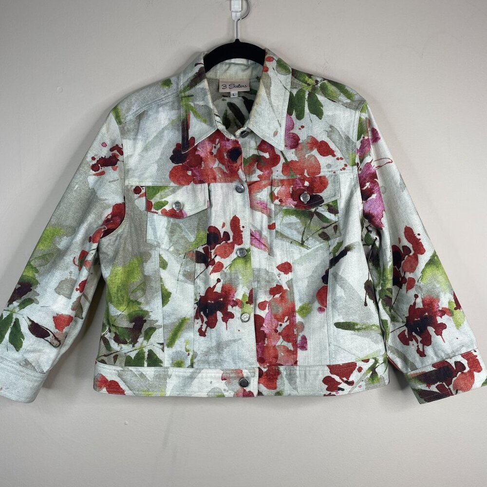3 Sisters Art To Wear Jacket Womens Large Floral Utility Button Up Nature Casual